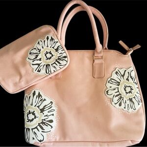 Light Pink Faux Leather Purse With Detachable Shoulder Strap & Makeup Bag Clutch